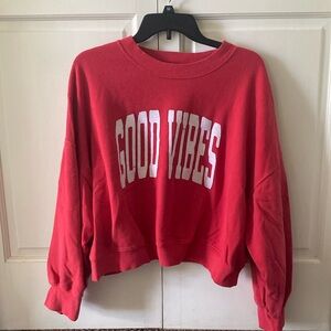 Old Navy Red and White Graphic Cropped Full Length Sleeves Crewneck Sweatshirt